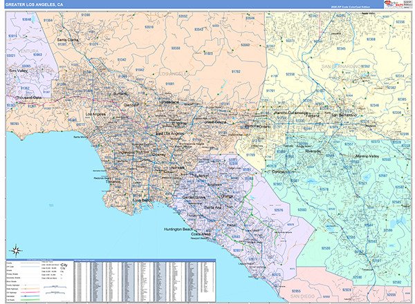 Greater Los Angeles Metro Area Wall Map Color Cast Style